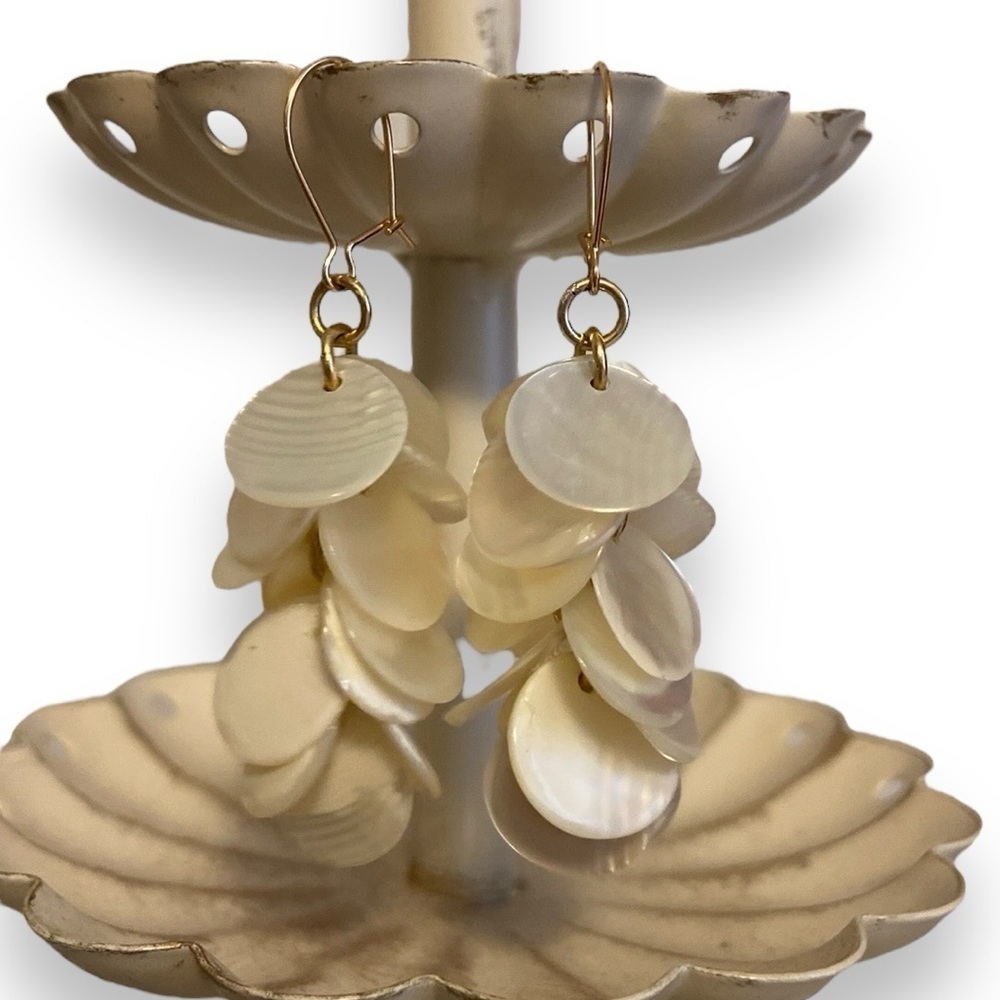 Mother of Pearl Shell Earrings Dangly Light Gold Tone White